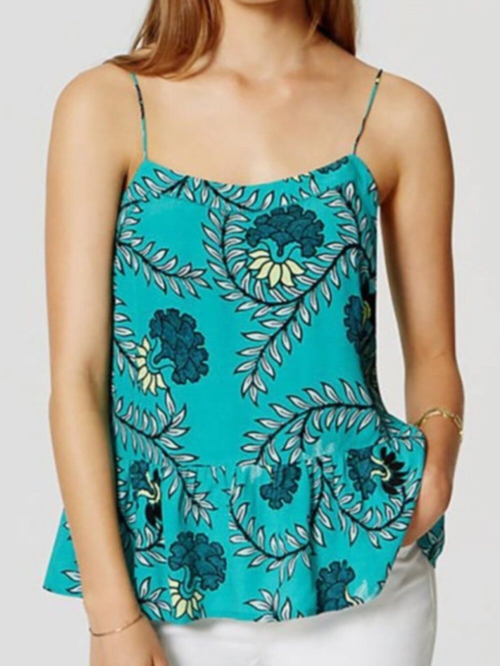 LOFT Teal Floral Peplum Camisole Top Size S Spaghetti Strap